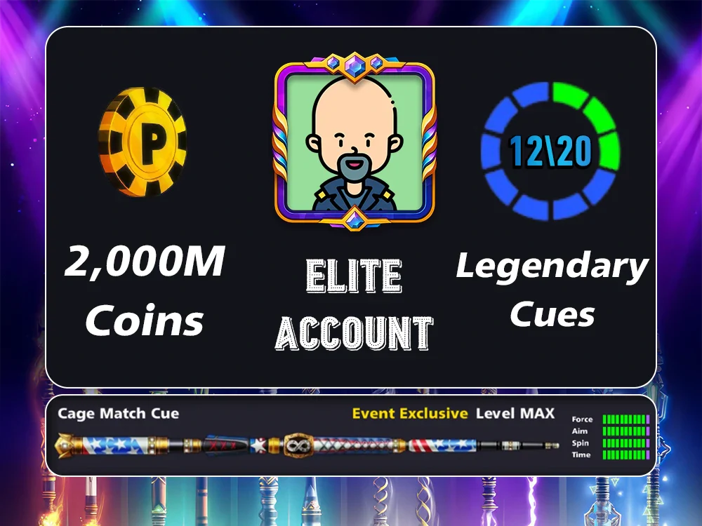 2 Billion Coins, 12 Legendary Cues, 1 Max Cue | Elite Miniclip Account | 8 Ball Pool - BlackBird Store