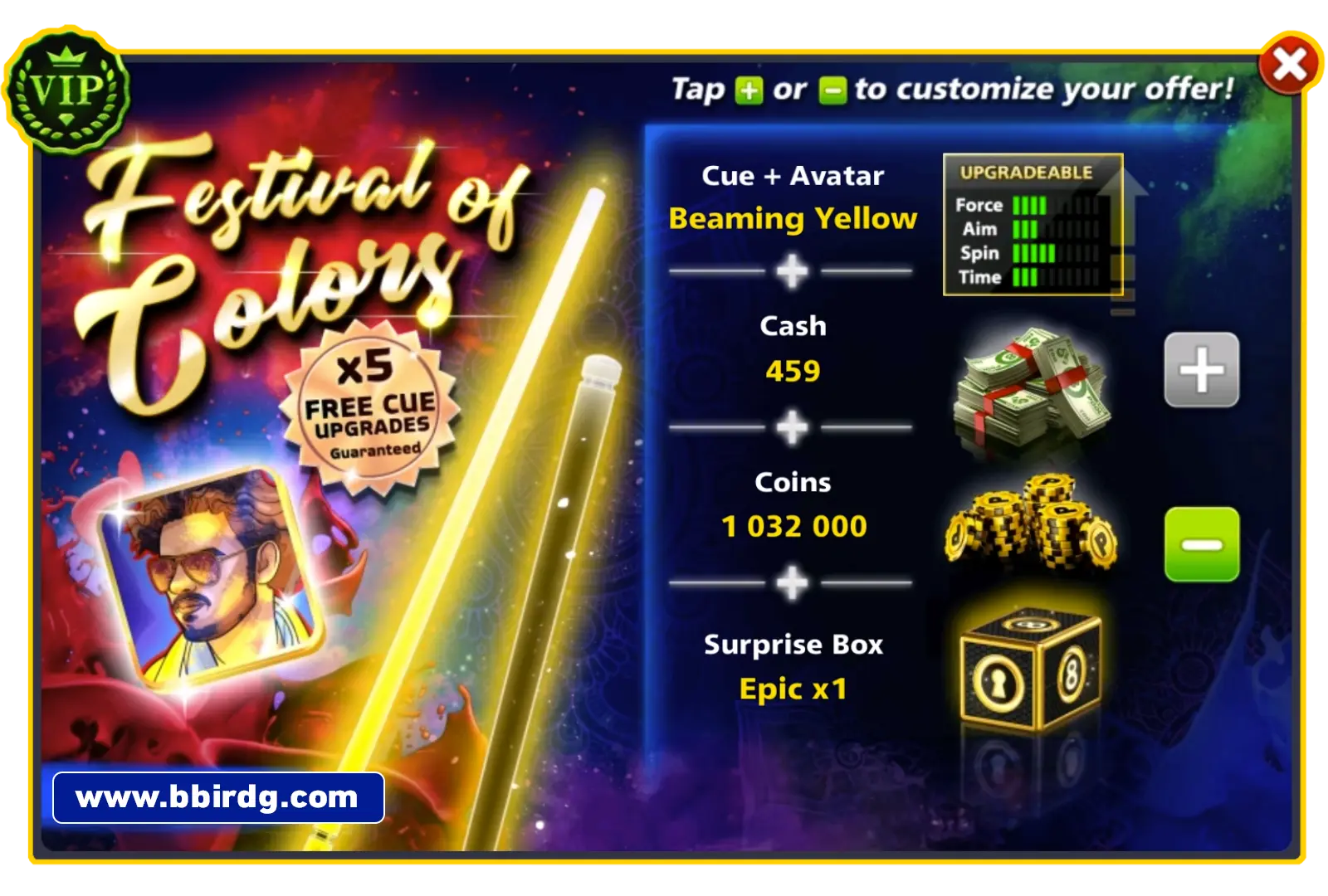 Beaming Yellow Cue - Festival Of Colors | 8 Ball Pool - BlackBird Store