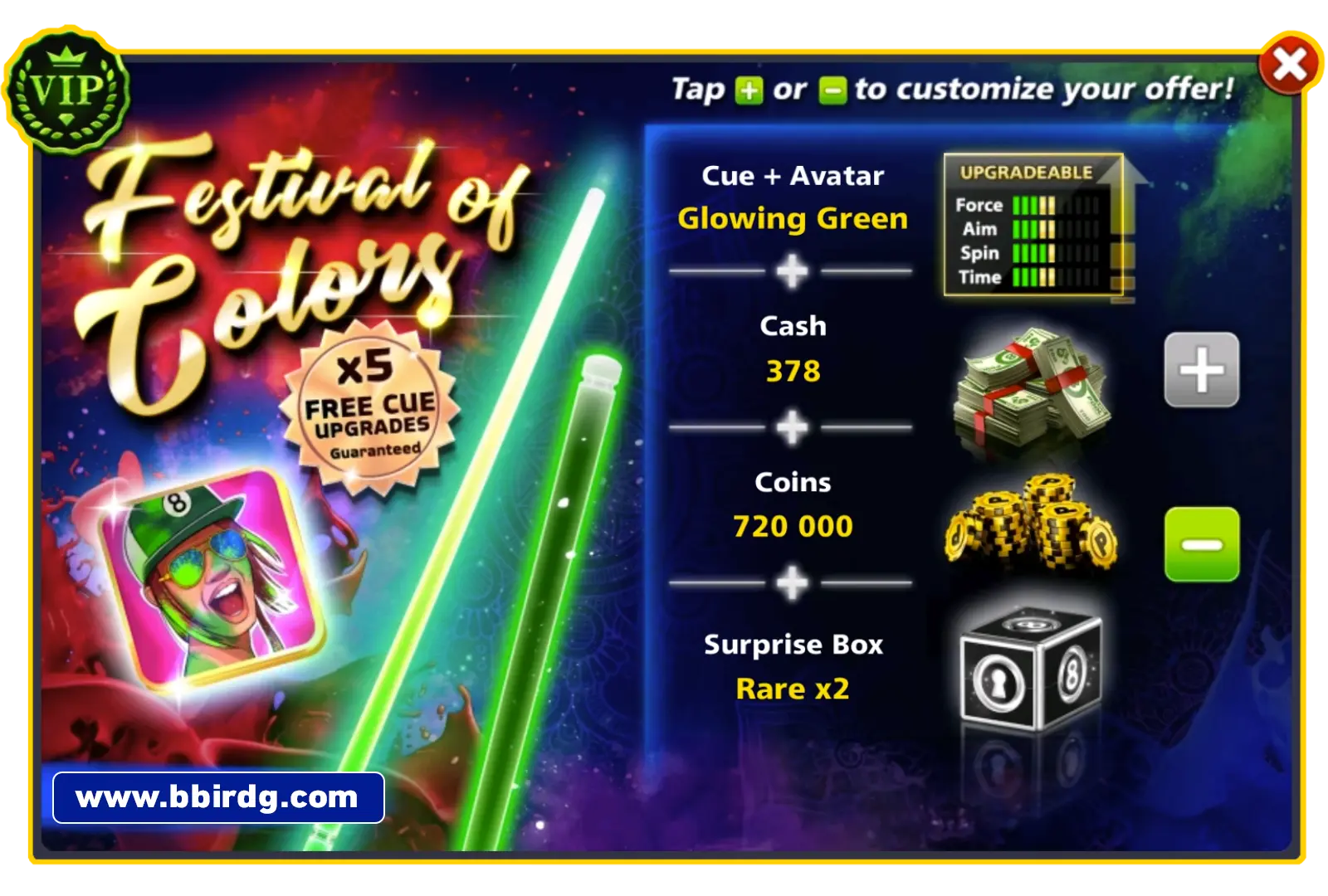 Glowing Green Cue - Festival Of Colors | 8 Ball Pool - BlackBird Store