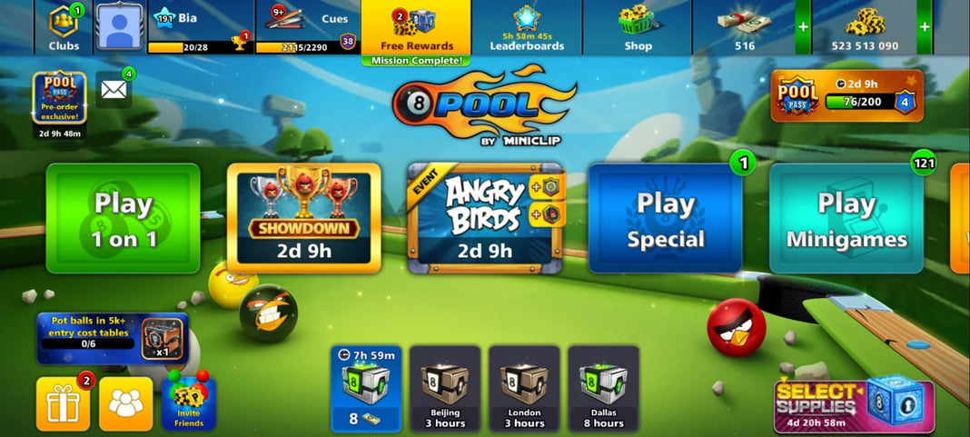 500 مليون كوينز و ٩ عصي أسطورية | حساب 8 Ball Pool