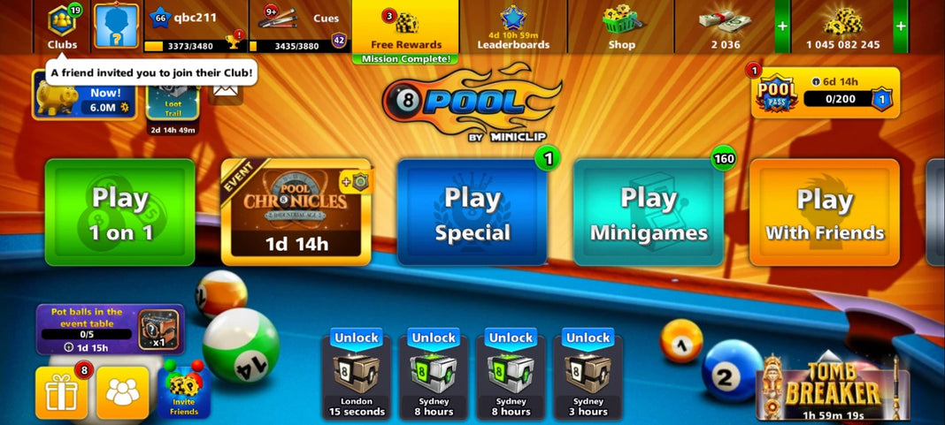 1 مليار كوينز | 15 عصا أسطورية | حساب 8 Ball Pool