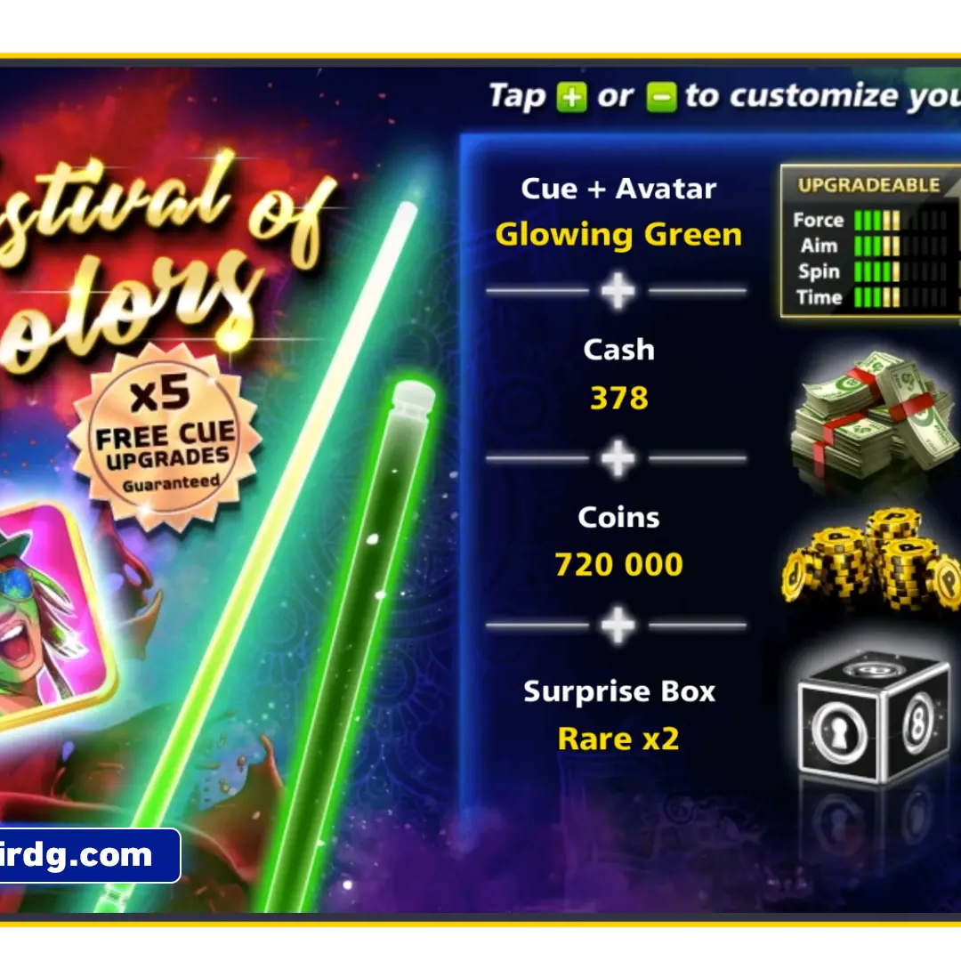Glowing Green Cue - Festival Of Colors | 8 Ball Pool - BlackBird Store