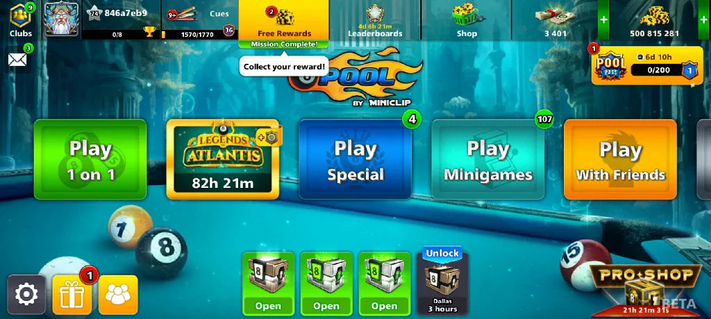 x100 Legendary Box, 500 Million Coins, 3000 Cash | Miniclip Account | 8 Ball Pool - BlackBird Store