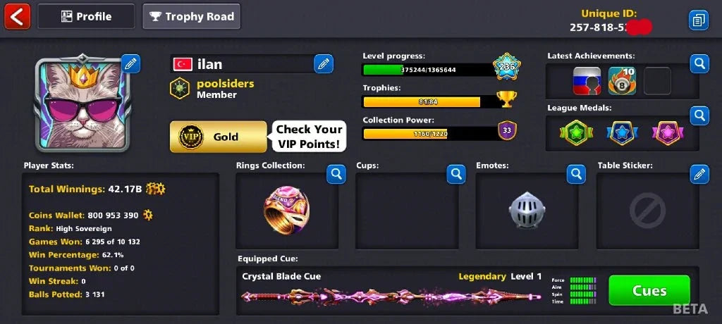 800 Million Coins & 5 Legendary Cues | 8 Ball Pool Account