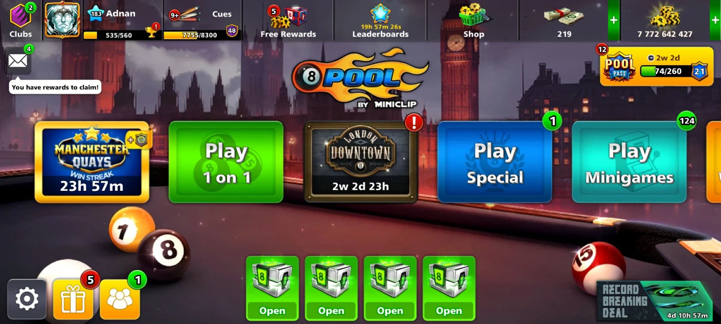 7.7 Billion Coins 2 Maxed Cues & 13 Legendary | Black Diamond 8 Ball Pool Account