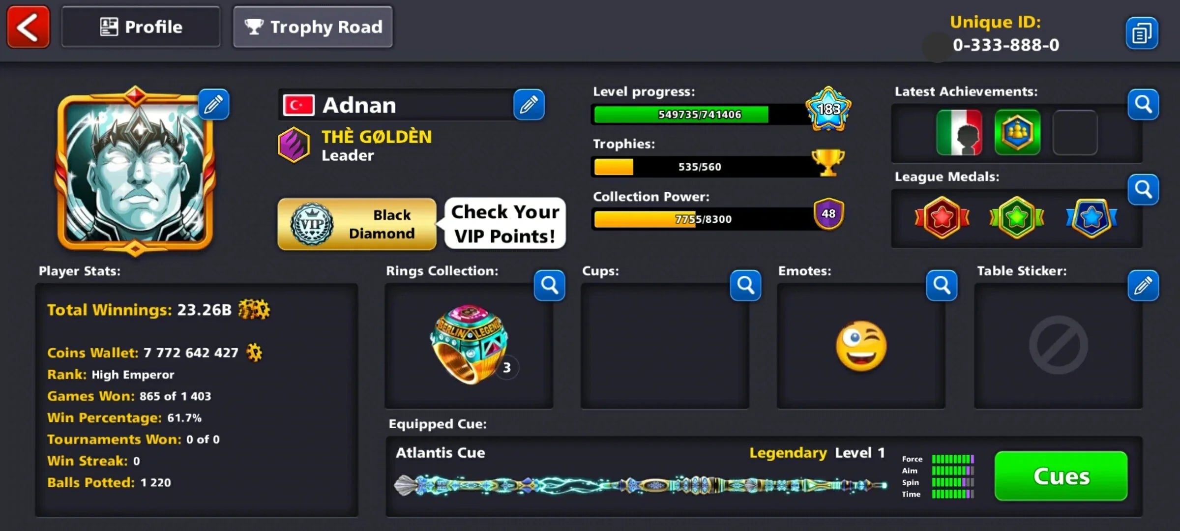 7.7 Billion Coins 2 Maxed Cues & 13 Legendary | Black Diamond 8 Ball Pool Account