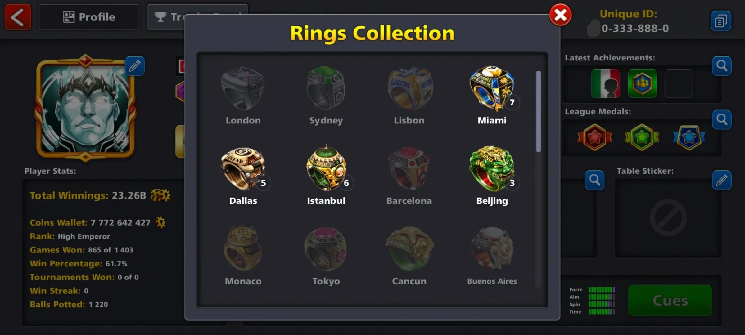 7.7 Billion Coins 2 Maxed Cues & 13 Legendary | Black Diamond 8 Ball Pool Account