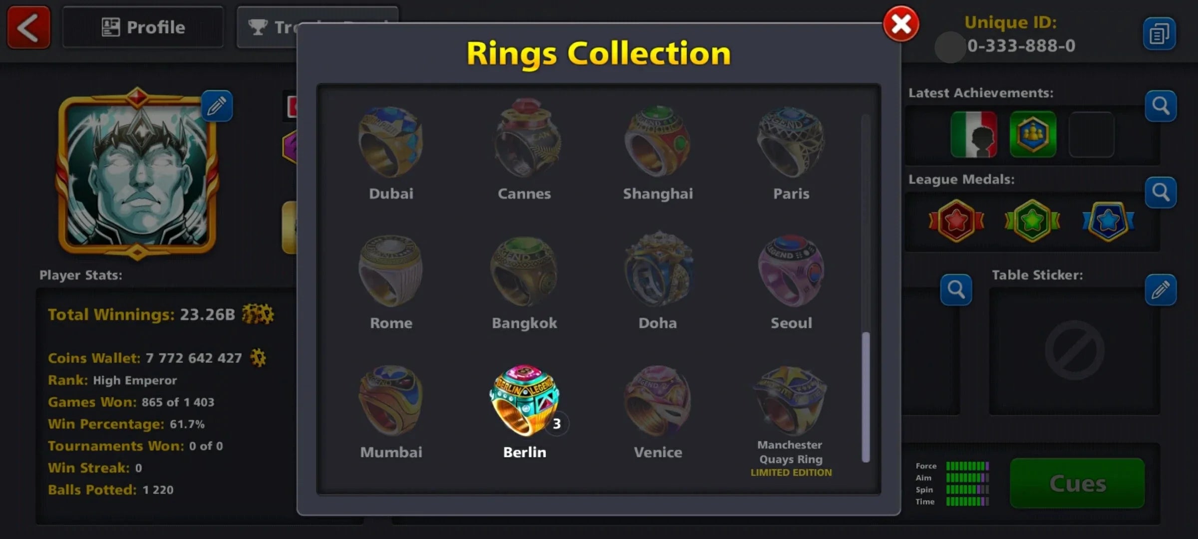 7.7 Billion Coins 2 Maxed Cues & 13 Legendary | Black Diamond 8 Ball Pool Account