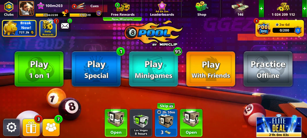 1 Billion Coins 1 Legendary Cue & 66 Leg. Box | 8 Ball Pool Account