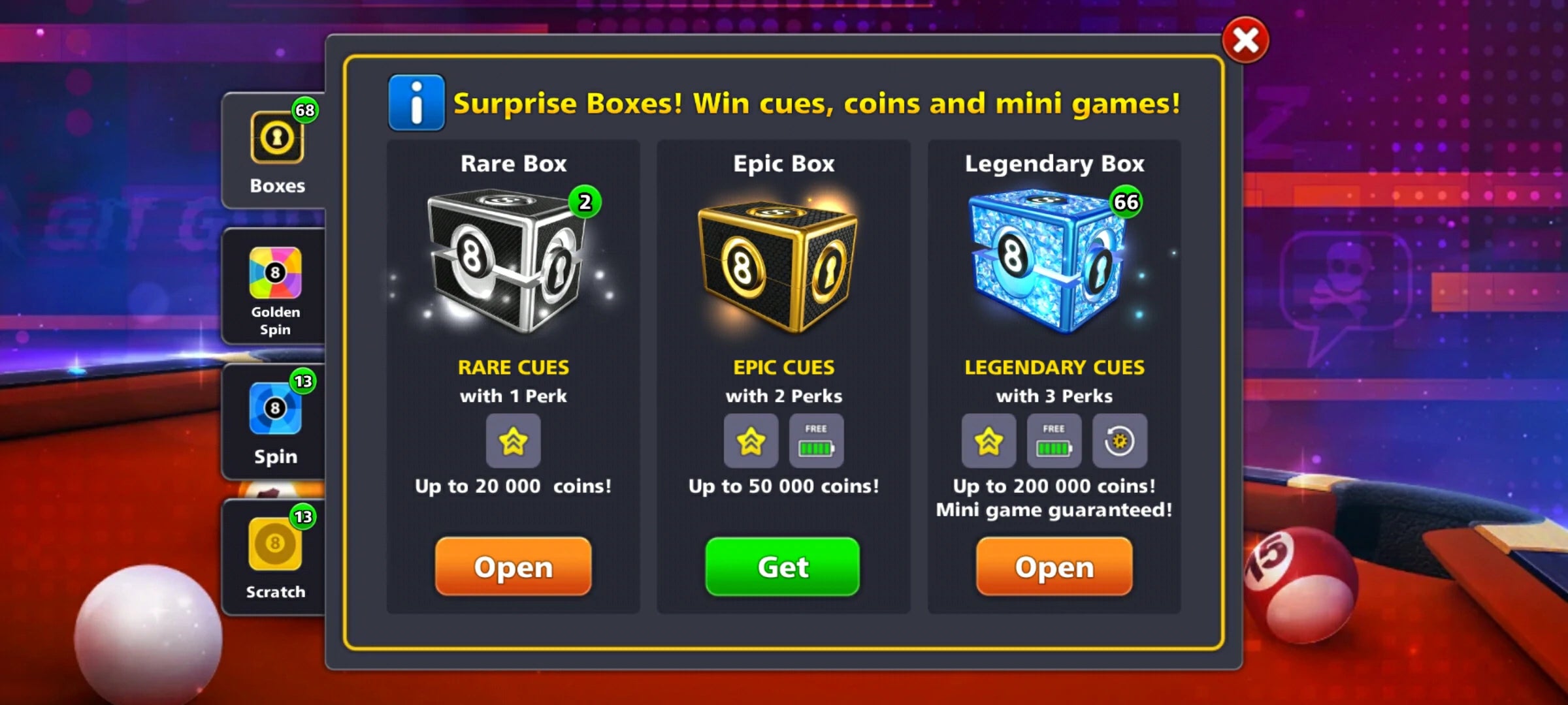 1 Billion Coins 1 Legendary Cue & 66 Leg. Box | 8 Ball Pool Account