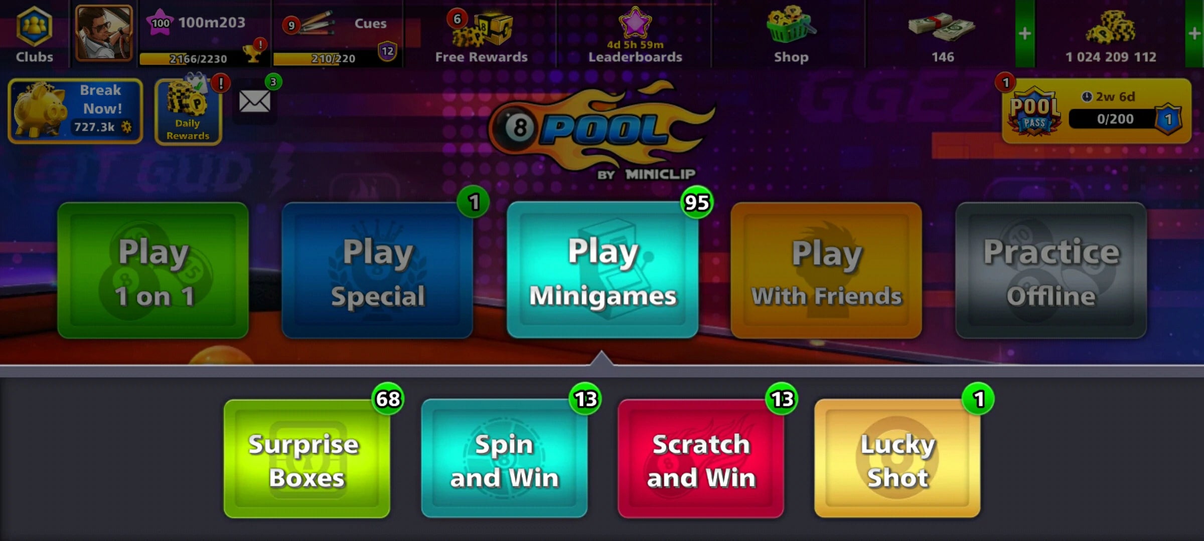 1 Billion Coins 1 Legendary Cue & 66 Leg. Box | 8 Ball Pool Account