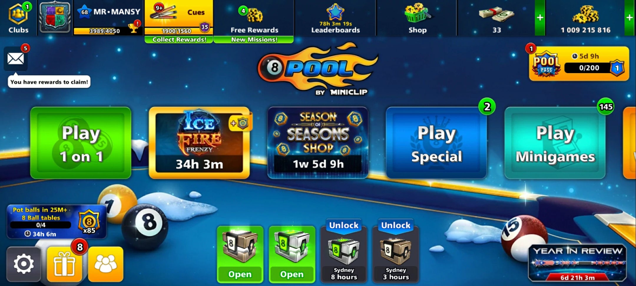 1 Billion Coins and 9 Legendary Cues | 8 Ball Pool Account