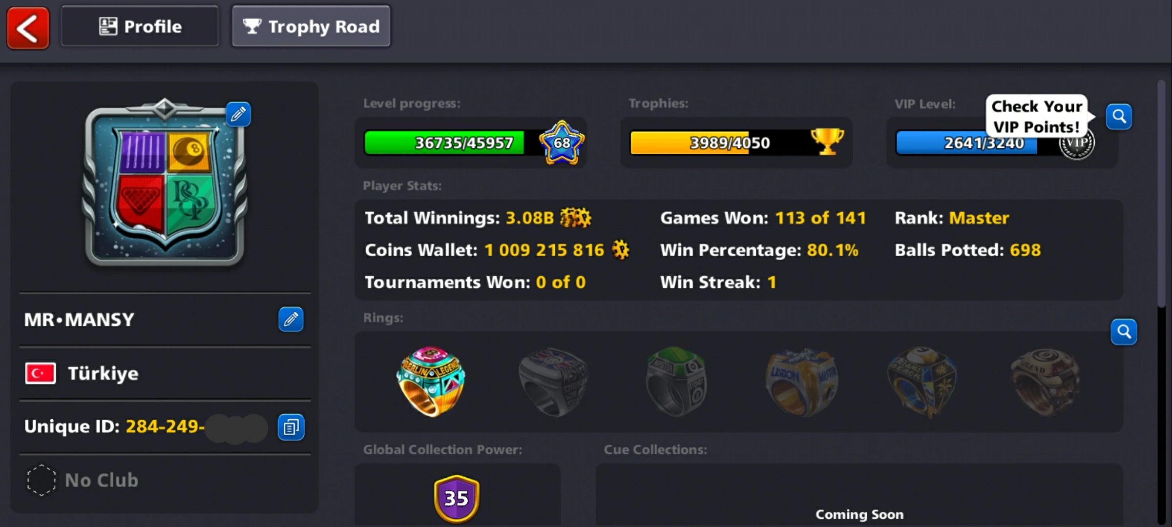 1 Billion Coins and 9 Legendary Cues | 8 Ball Pool Account