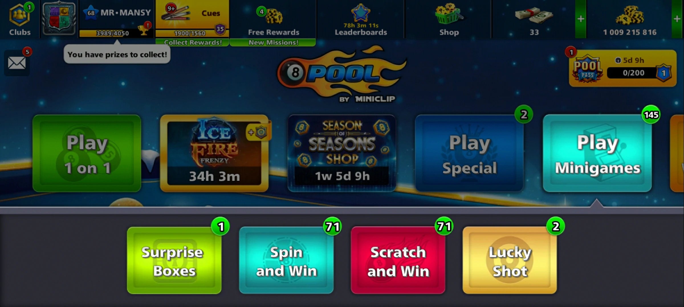 1 Billion Coins and 9 Legendary Cues | 8 Ball Pool Account