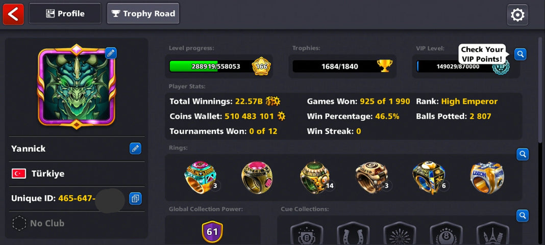 500M Coins | 9500+ Cash | 150+ Various Cues | 8 Ball Pool Account