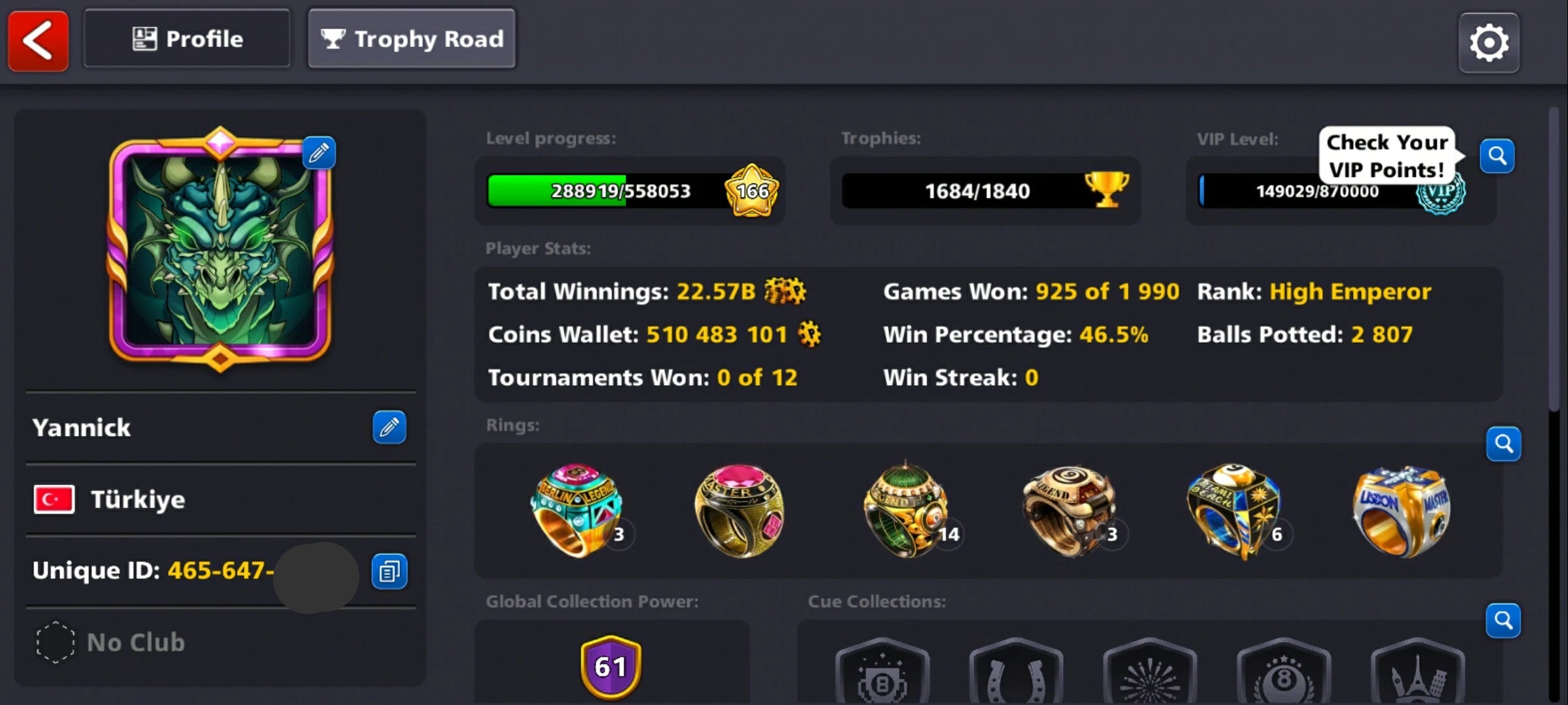500M Coins | 9500+ Cash | 150+ Various Cues | 8 Ball Pool Account