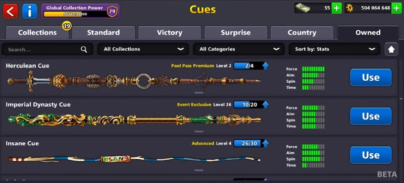 500 مليون كوينز | 22 عصا أسطورية | حساب 8 Ball Pool