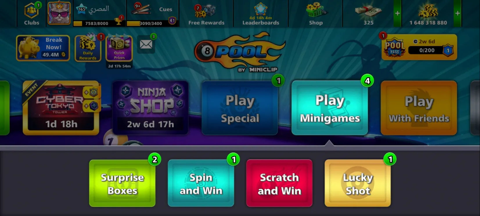 1.6 مليار كوينز | 4 عصي ماكس | حساب 8 Ball Pool