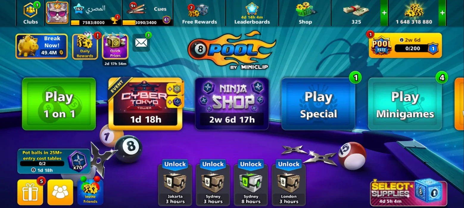 1.6 مليار كوينز | 4 عصي ماكس | حساب 8 Ball Pool