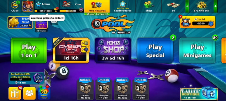 850M Coins | x3 Legendary Cues | 8 Ball Pool Account