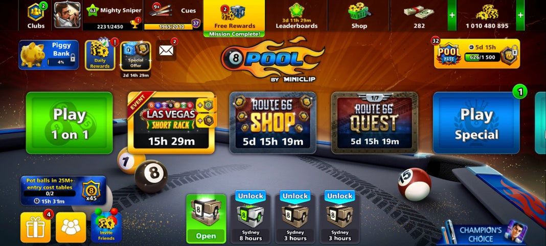 1 Billion Coins & | x9 Legendary Cues | 8 Ball Pool Account