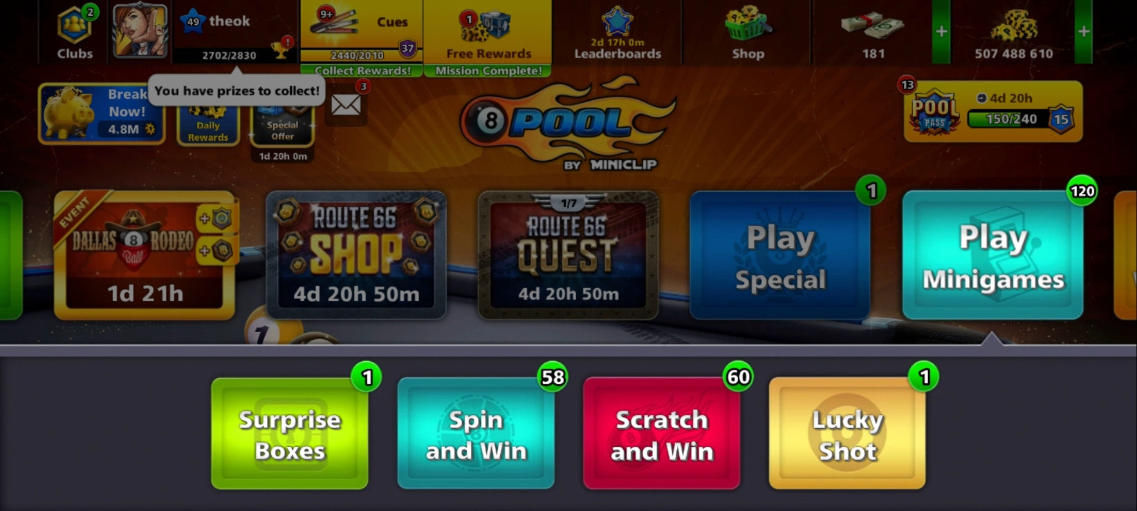 500M Monedas | 11x Tacos Legendarios | Cuenta de 8 Ball Pool