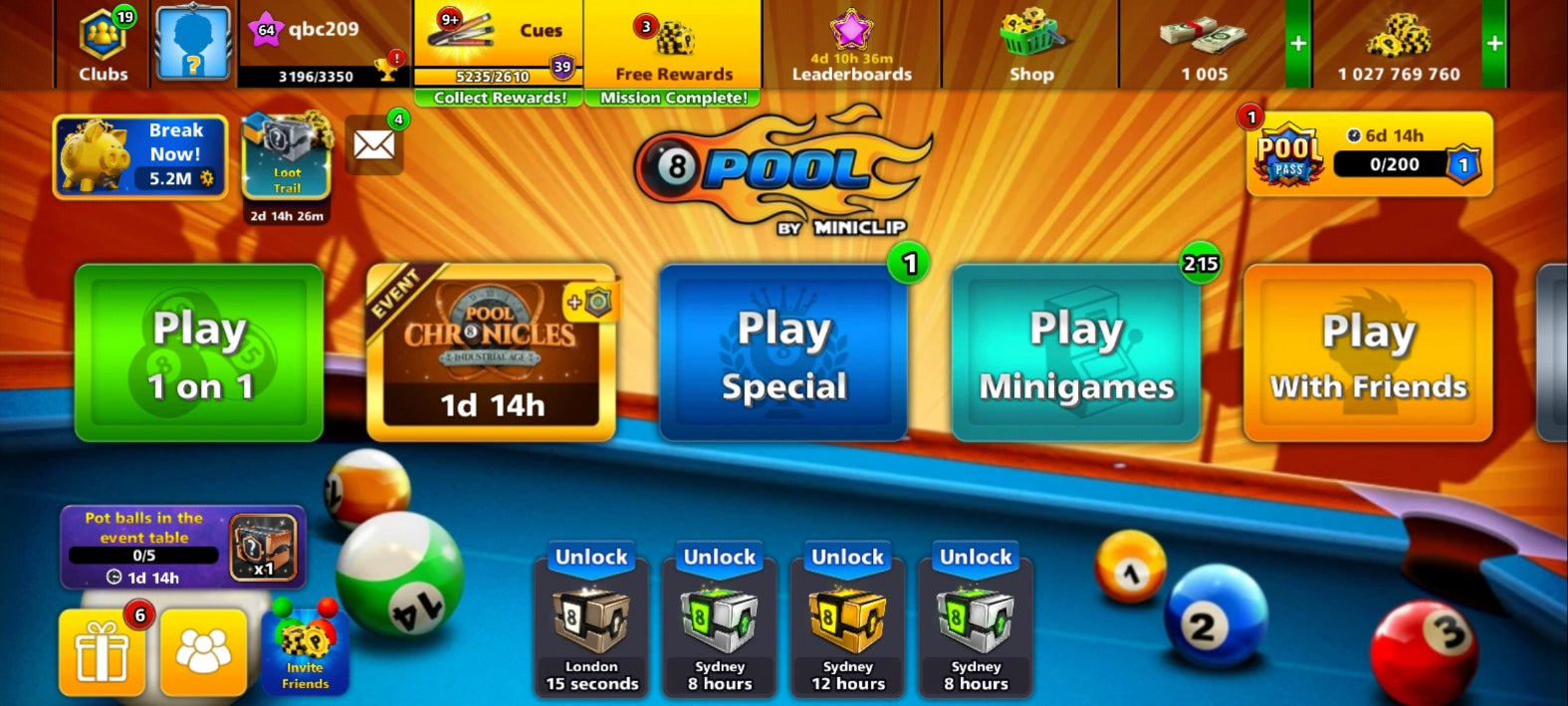 Cuenta de 8 Ball Pool | 1 Billón de Monedas | 18x Tacos Legendarios