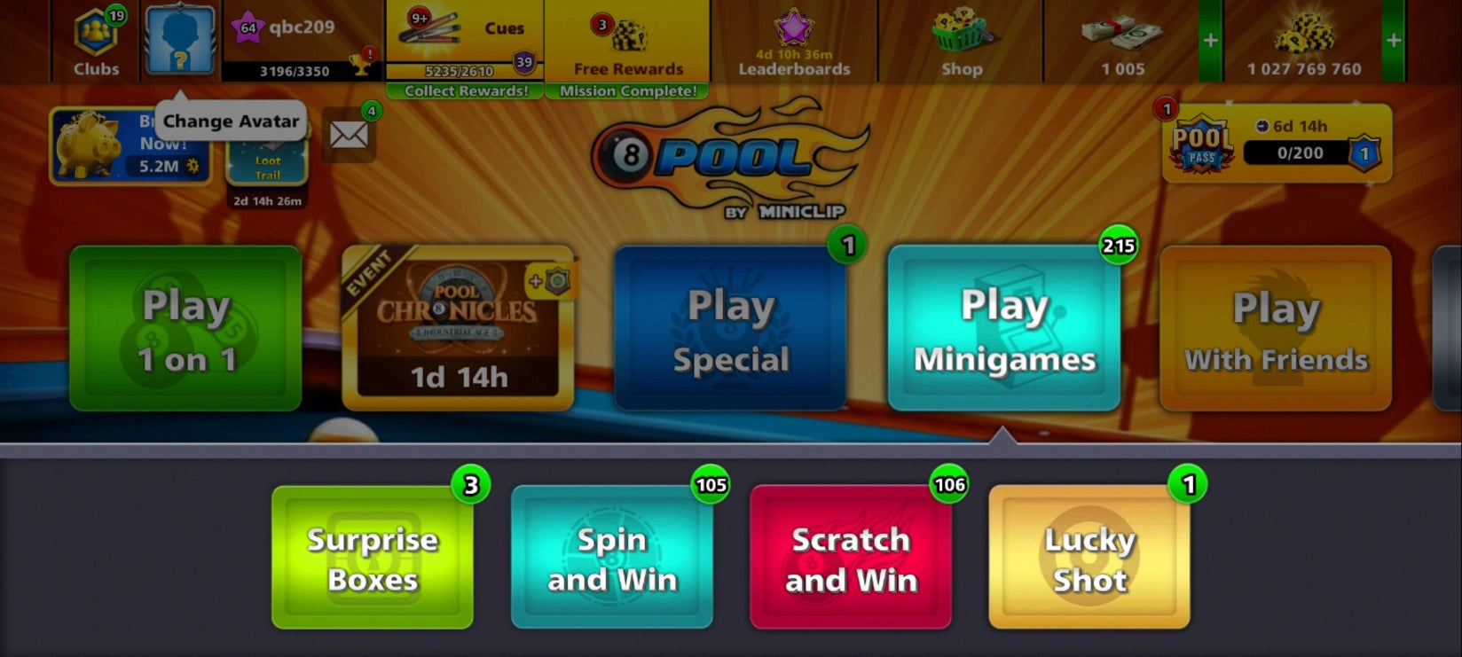 Cuenta de 8 Ball Pool | 1 Billón de Monedas | 18x Tacos Legendarios