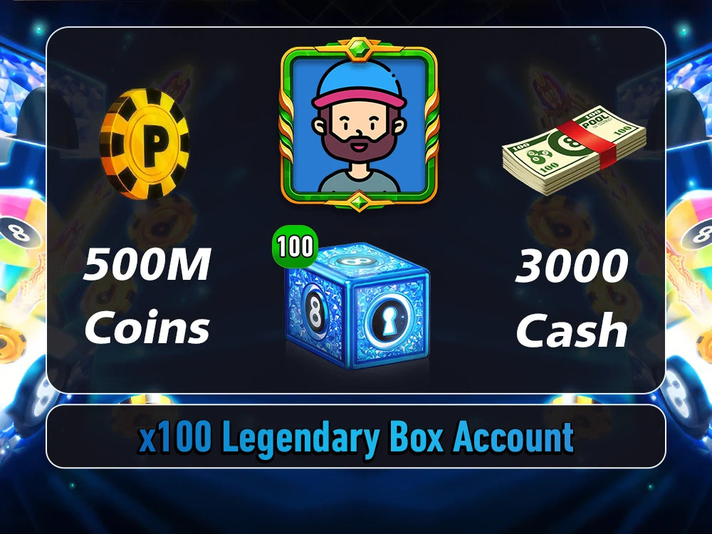 x100 Legendary Box, 500 Million Coins, 3000 Cash | Miniclip Account | 8 Ball Pool - BlackBird Store